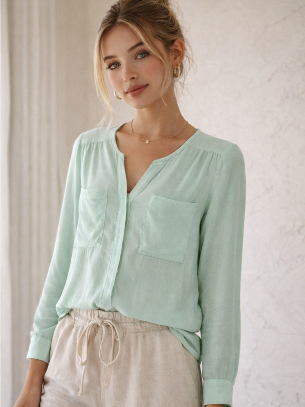 Maeve Anthropologie Mint Rayon Blouse Minimalist Clean Girl Top 0‎